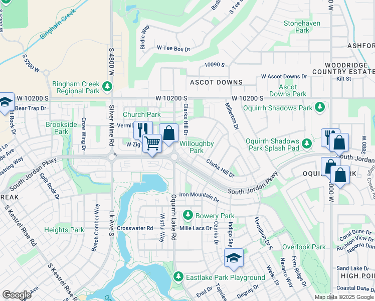 map of restaurants, bars, coffee shops, grocery stores, and more near 10358 Clarks Hill Drive West in South Jordan
