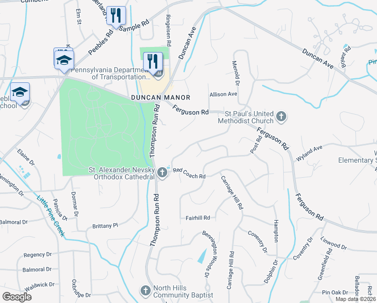 map of restaurants, bars, coffee shops, grocery stores, and more near 1711 Guyton Road in McCandless