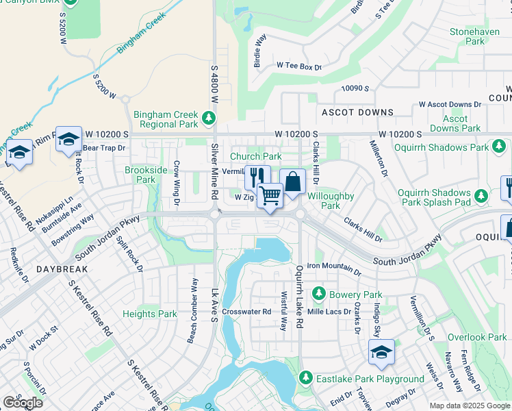 map of restaurants, bars, coffee shops, grocery stores, and more near Rubicon Road in South Jordan
