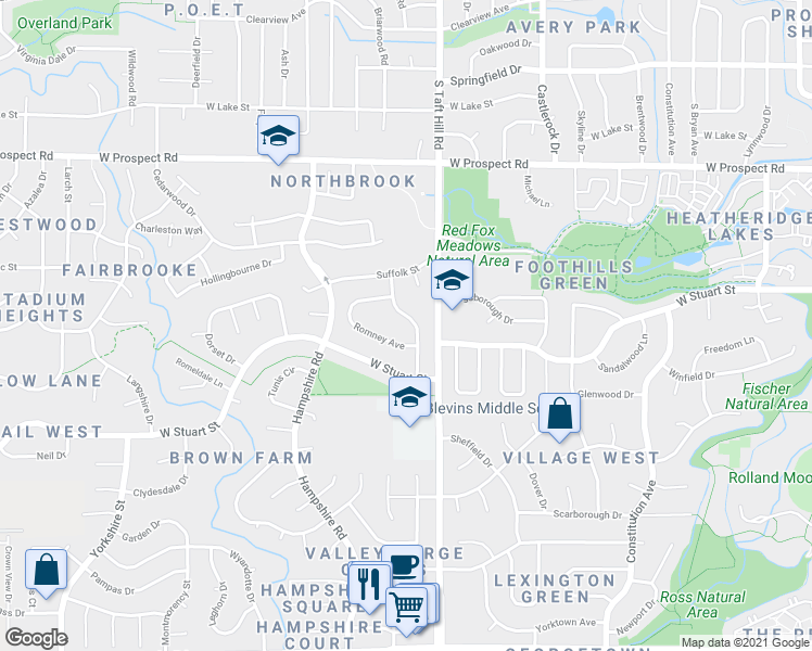 map of restaurants, bars, coffee shops, grocery stores, and more near 1901 Leicester Way in Fort Collins