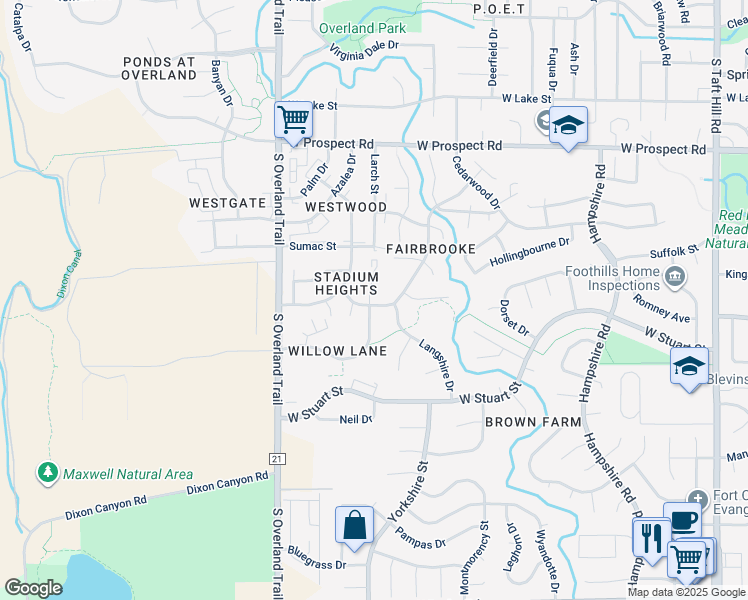 map of restaurants, bars, coffee shops, grocery stores, and more near 1925 Ross Court in Fort Collins
