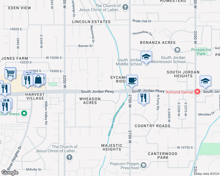map of restaurants, bars, coffee shops, grocery stores, and more near 10369 South 2840 West in South Jordan