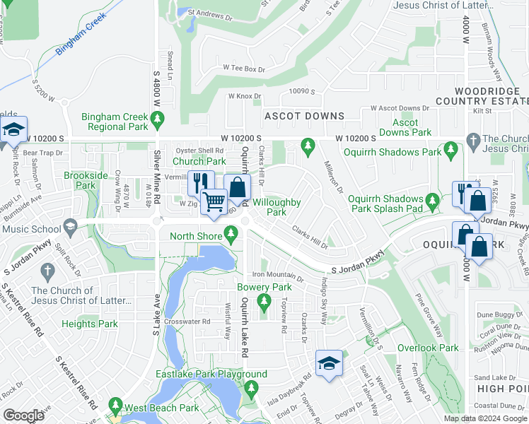 map of restaurants, bars, coffee shops, grocery stores, and more near 10358 Clarks Hill Drive West in South Jordan