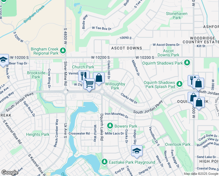 map of restaurants, bars, coffee shops, grocery stores, and more near 10358 Clarks Hill Drive West in South Jordan