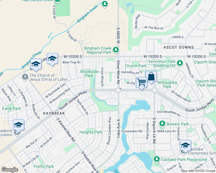 map of restaurants, bars, coffee shops, grocery stores, and more near 10352 Whetstone Cove in South Jordan