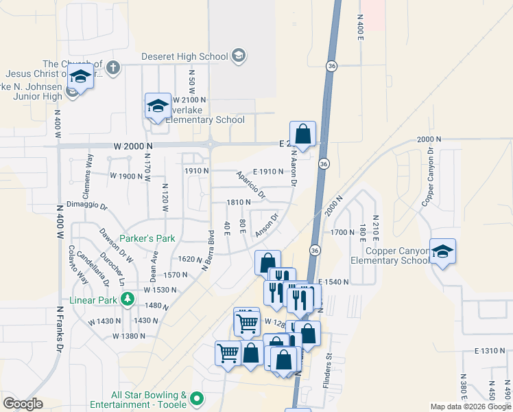 map of restaurants, bars, coffee shops, grocery stores, and more near 107 1810 North in Tooele