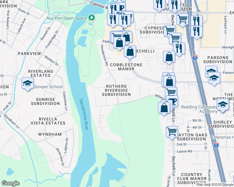 map of restaurants, bars, coffee shops, grocery stores, and more near 3043 Henderson Road in Redding