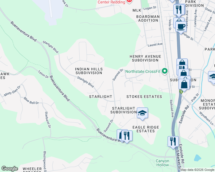 map of restaurants, bars, coffee shops, grocery stores, and more near 3505 Elizabeth Way in Redding