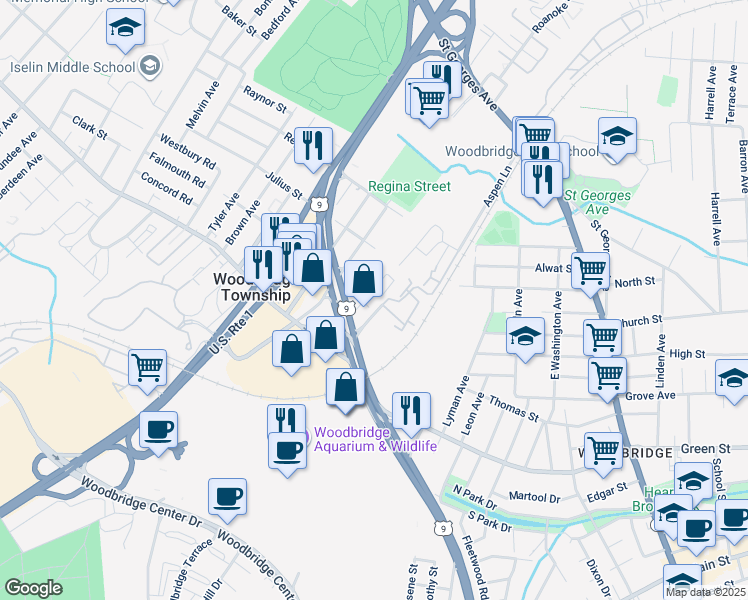 map of restaurants, bars, coffee shops, grocery stores, and more near 203 Michaels Court in Woodbridge Township