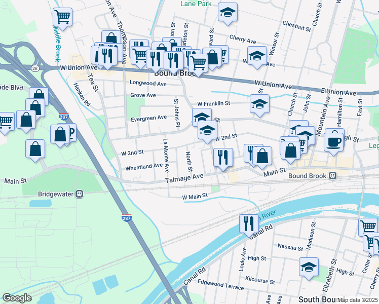 map of restaurants, bars, coffee shops, grocery stores, and more near 341 West 2nd Street in Bound Brook