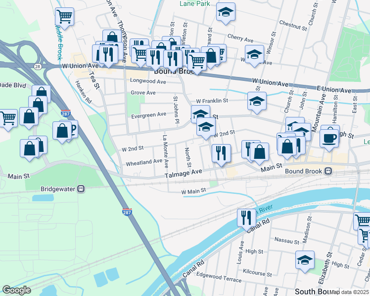 map of restaurants, bars, coffee shops, grocery stores, and more near 341 West 2nd Street in Bound Brook