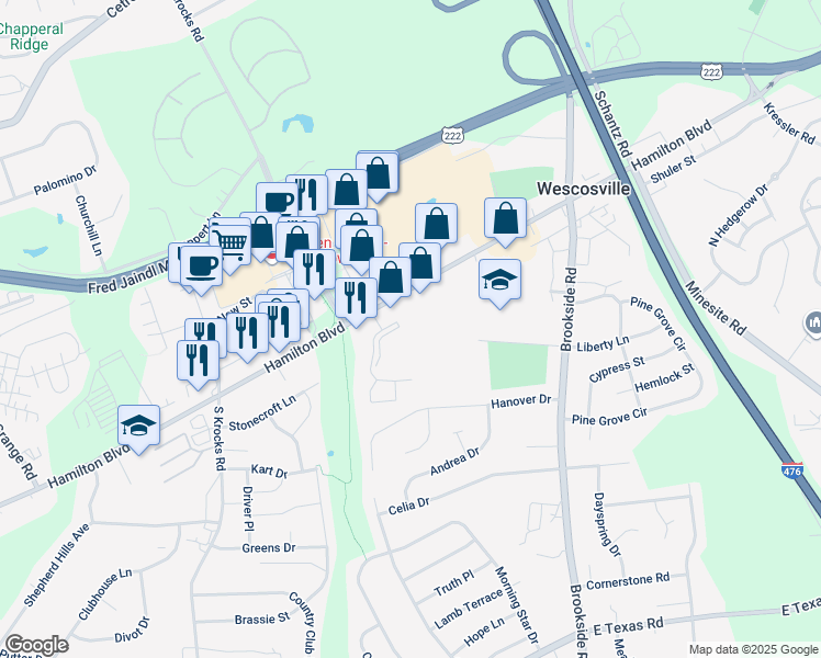 map of restaurants, bars, coffee shops, grocery stores, and more near 5282 Hamilton Boulevard in Allentown
