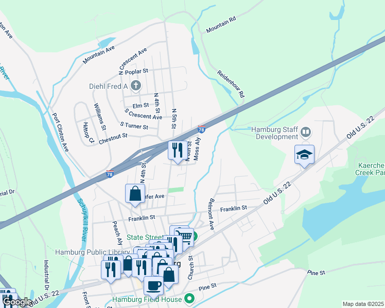 map of restaurants, bars, coffee shops, grocery stores, and more near 413 North 6th Street in Hamburg
