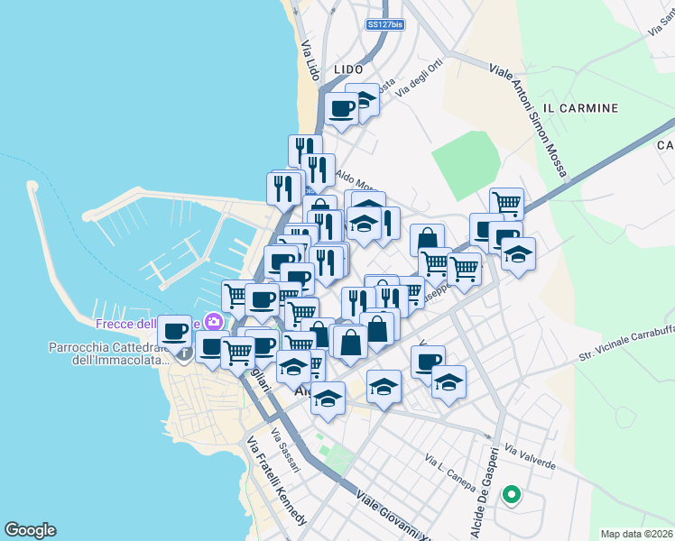 map of restaurants, bars, coffee shops, grocery stores, and more near 2A Via Sebastiano Satta in Alghero