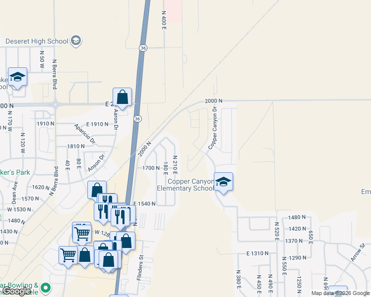 map of restaurants, bars, coffee shops, grocery stores, and more near 1791 North Patchwork Avenue in Tooele