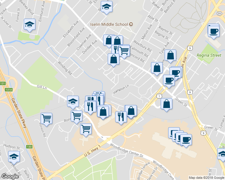 map of restaurants, bars, coffee shops, grocery stores, and more near 1511 Green Hollow Drive in Woodbridge Township