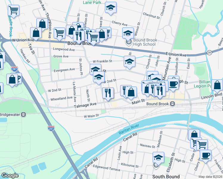 map of restaurants, bars, coffee shops, grocery stores, and more near 49 Van Keuren Avenue in Bound Brook
