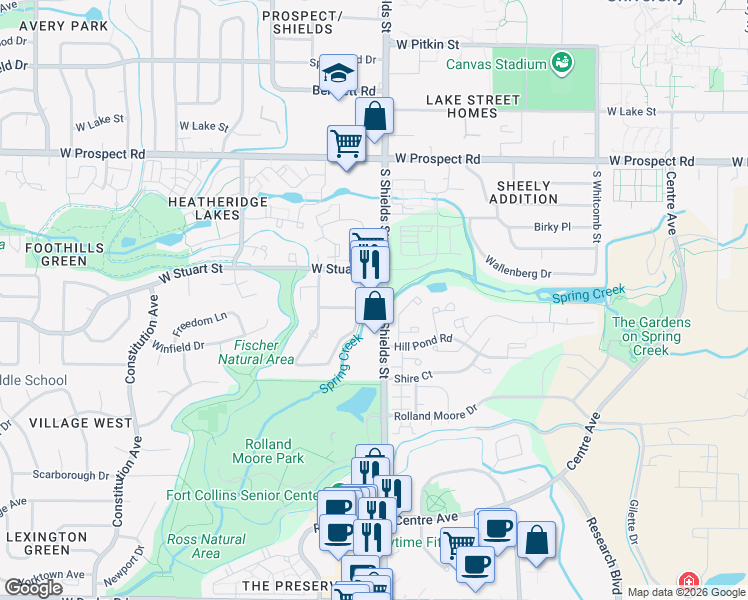 map of restaurants, bars, coffee shops, grocery stores, and more near Spring Creek Lane in Fort Collins