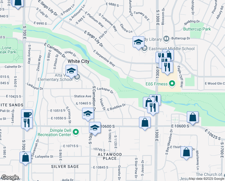 map of restaurants, bars, coffee shops, grocery stores, and more near 1105 Larkspur Drive in Sandy