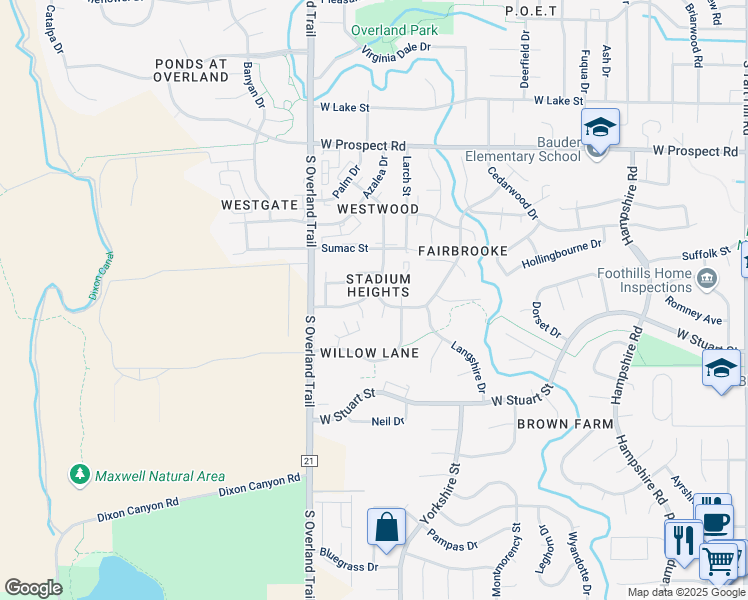 map of restaurants, bars, coffee shops, grocery stores, and more near 1925 Ross Court in Fort Collins