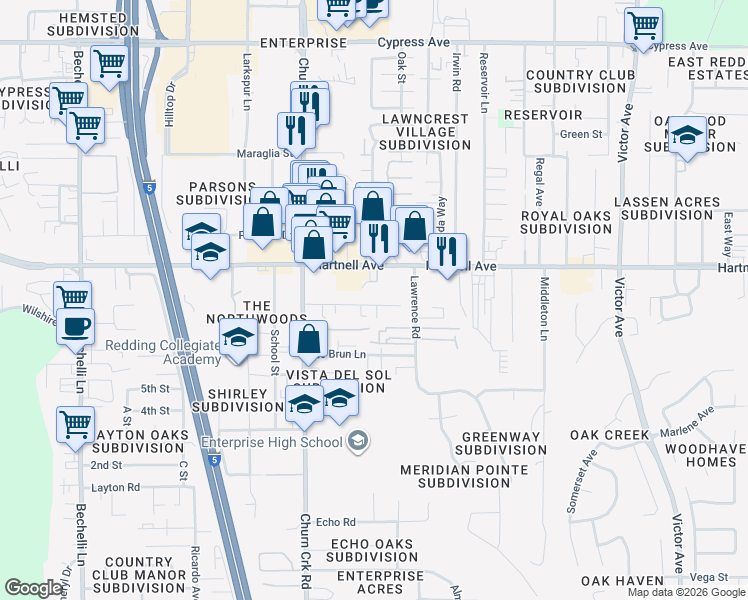 map of restaurants, bars, coffee shops, grocery stores, and more near 1112 Bond Street in Redding