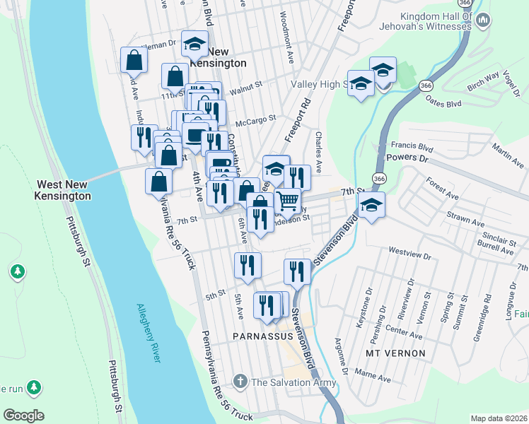 map of restaurants, bars, coffee shops, grocery stores, and more near 145 Freeport Road in New Kensington