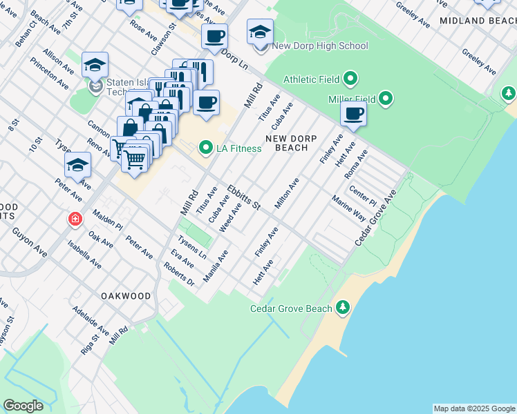 map of restaurants, bars, coffee shops, grocery stores, and more near 0 Manila Place in Staten Island