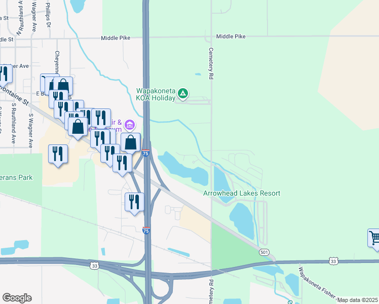 map of restaurants, bars, coffee shops, grocery stores, and more near 24 East Lake Drive in Wapakoneta