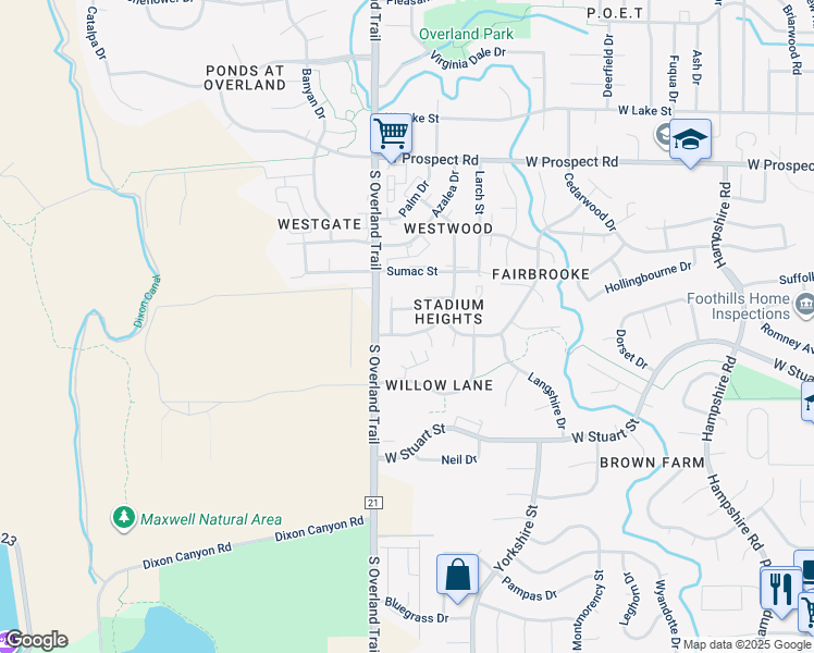 map of restaurants, bars, coffee shops, grocery stores, and more near 1925 Pecan Street in Fort Collins