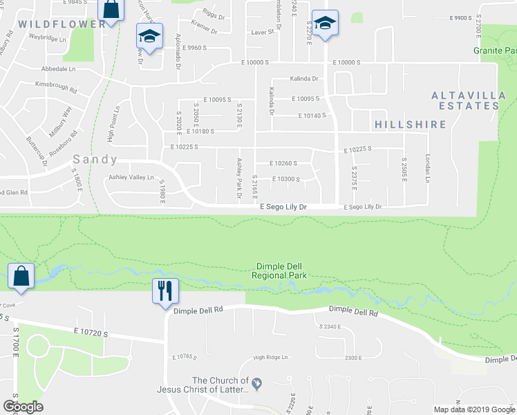 map of restaurants, bars, coffee shops, grocery stores, and more near 2172 East 10375 South in Sandy