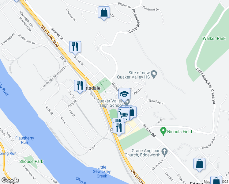 map of restaurants, bars, coffee shops, grocery stores, and more near 6 Victory Lane in Leetsdale