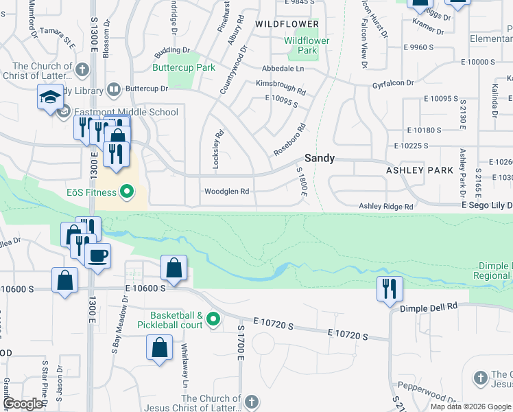 map of restaurants, bars, coffee shops, grocery stores, and more near 1447 East Edgecliff Drive in Sandy