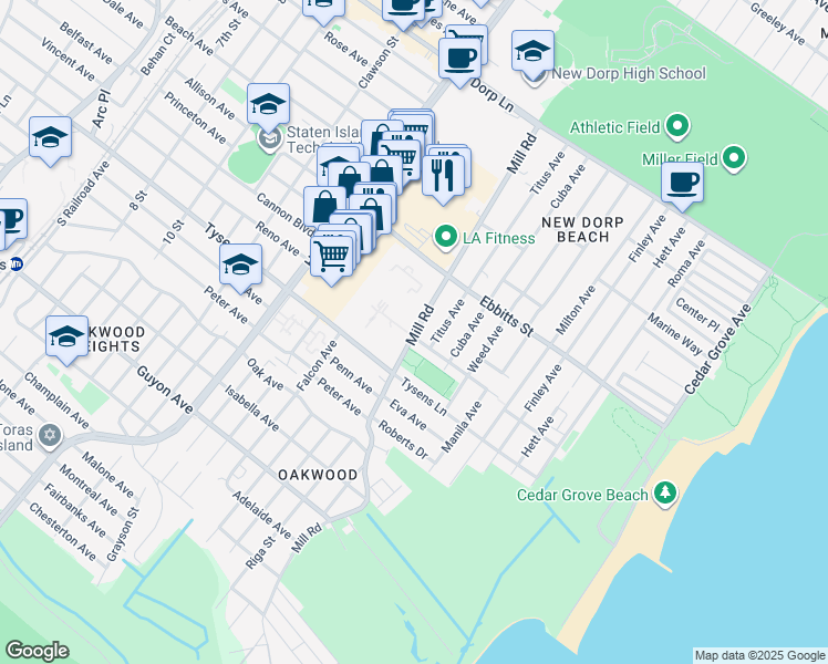 map of restaurants, bars, coffee shops, grocery stores, and more near 265 Mill Road in Staten Island