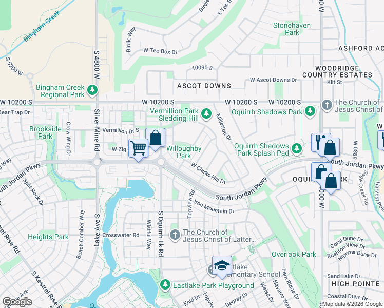 map of restaurants, bars, coffee shops, grocery stores, and more near 10377 Lac Vieux Road in South Jordan