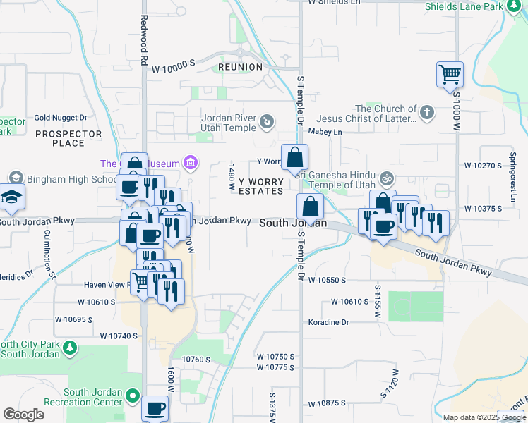 map of restaurants, bars, coffee shops, grocery stores, and more near 1390 South Jordan Parkway in South Jordan