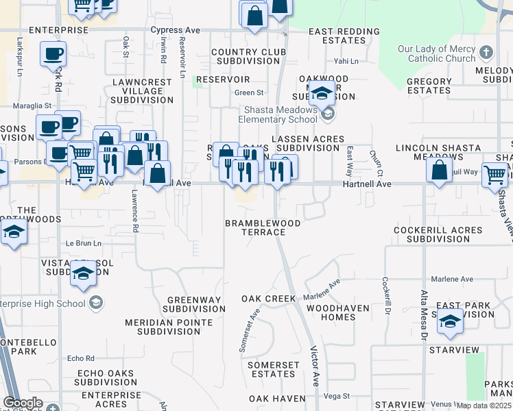 map of restaurants, bars, coffee shops, grocery stores, and more near in Redding
