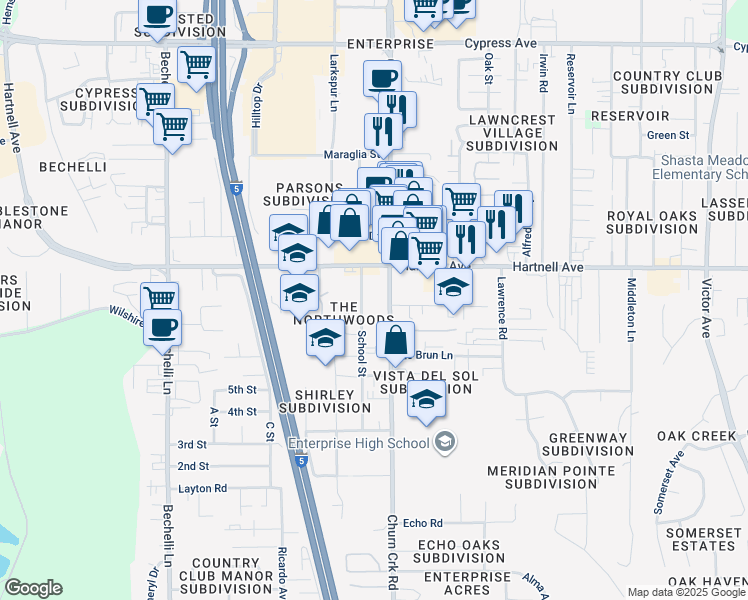 map of restaurants, bars, coffee shops, grocery stores, and more near 995 Hartnell Avenue in Redding