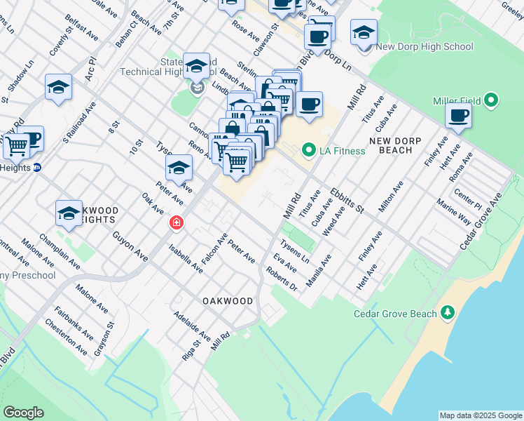 map of restaurants, bars, coffee shops, grocery stores, and more near 655 Tysens Lane in Staten Island