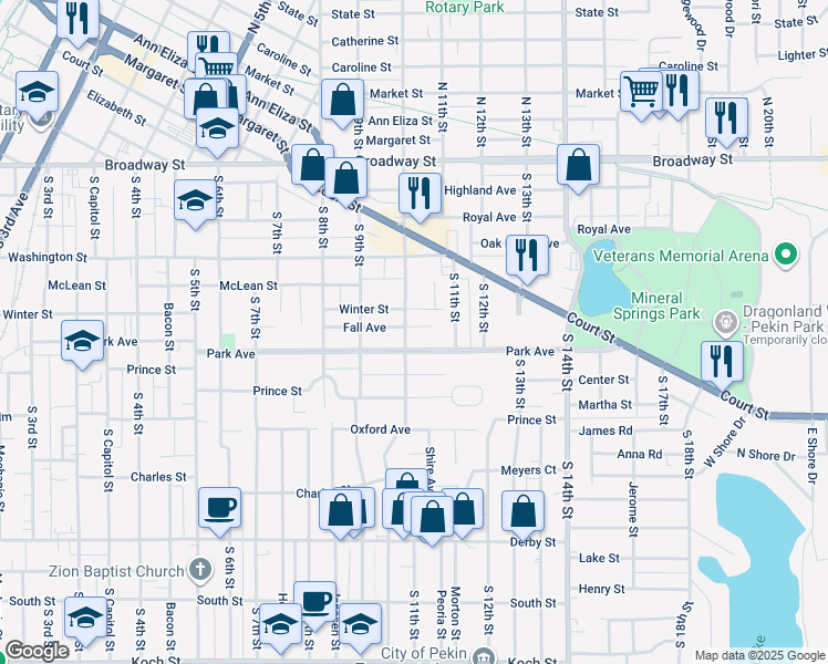map of restaurants, bars, coffee shops, grocery stores, and more near 1099 Fall Avenue in Pekin