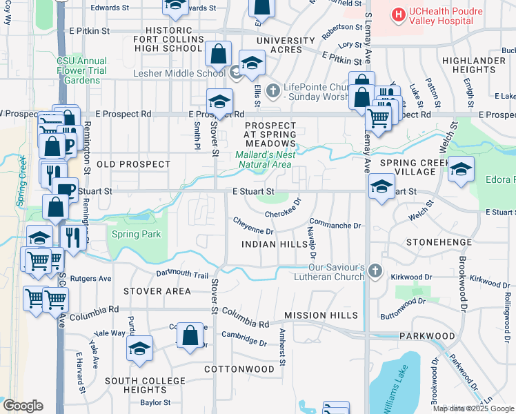 map of restaurants, bars, coffee shops, grocery stores, and more near 712 Cherokee Drive in Fort Collins