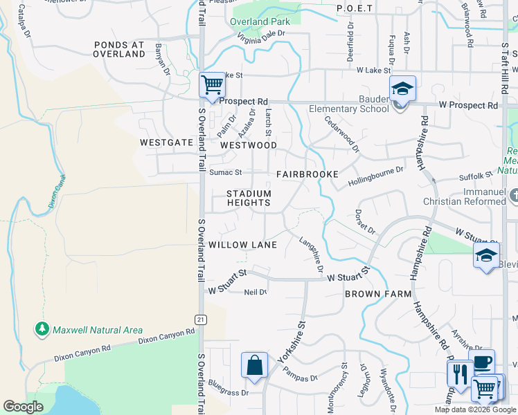 map of restaurants, bars, coffee shops, grocery stores, and more near 1931 Ross Court in Fort Collins