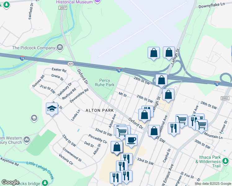 map of restaurants, bars, coffee shops, grocery stores, and more near 2910 Pearl Avenue in Allentown