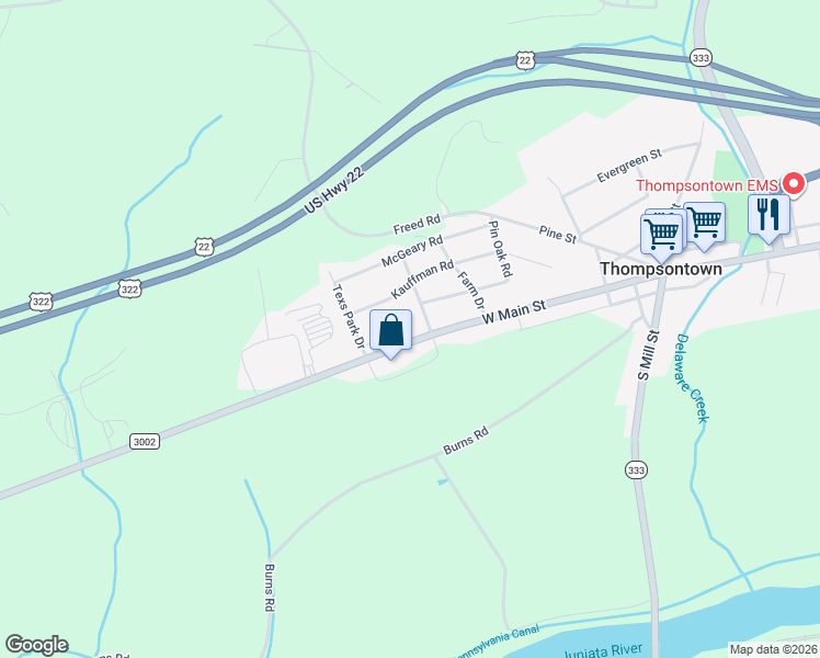 map of restaurants, bars, coffee shops, grocery stores, and more near 61 Poplar Drive in Thompsontown
