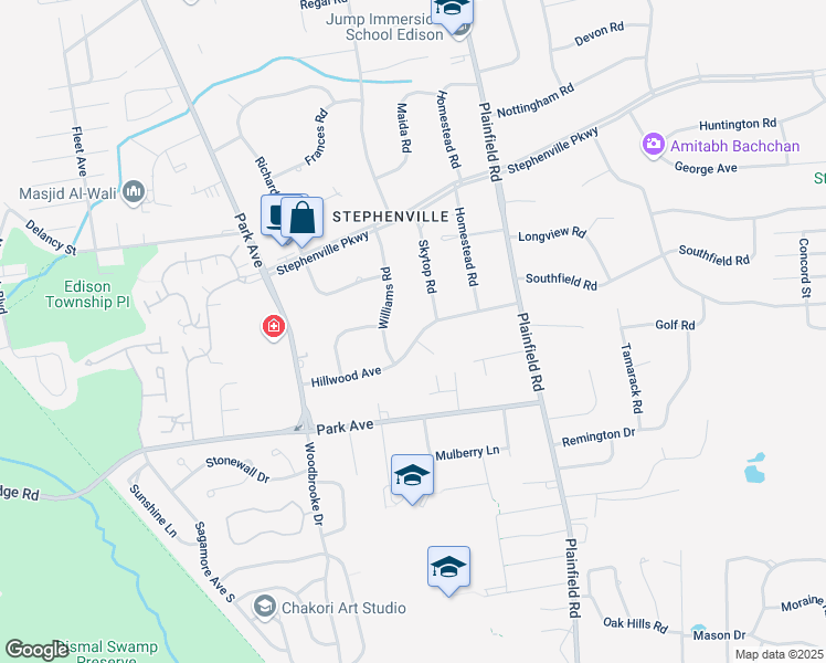 map of restaurants, bars, coffee shops, grocery stores, and more near 25 Hillwood Avenue in Edison