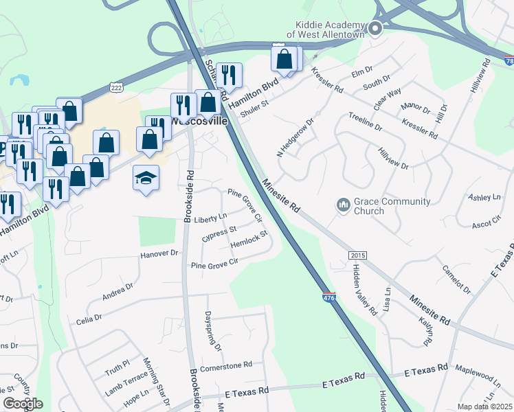 map of restaurants, bars, coffee shops, grocery stores, and more near 1113 Pine Grove Circle in Allentown