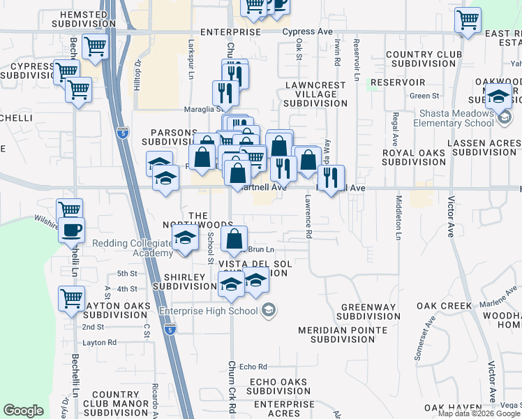map of restaurants, bars, coffee shops, grocery stores, and more near 1094 Bond Street in Redding