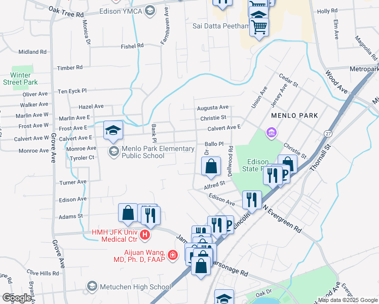 map of restaurants, bars, coffee shops, grocery stores, and more near 214 Tyroler Avenue in Edison