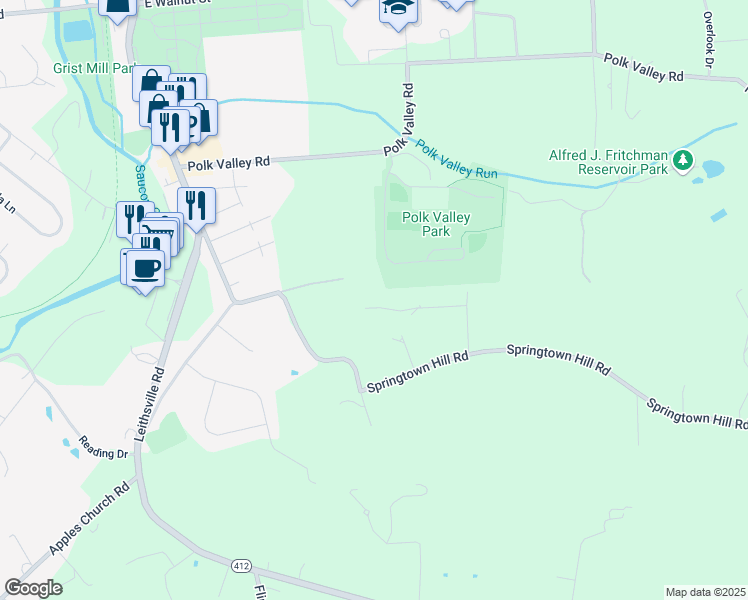 map of restaurants, bars, coffee shops, grocery stores, and more near 2061 Dolores Lane in Hellertown