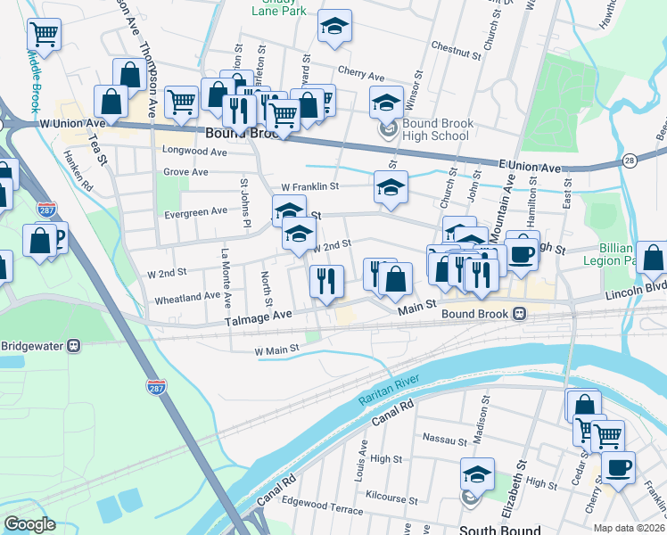 map of restaurants, bars, coffee shops, grocery stores, and more near 49 Van Keuren Avenue in Bound Brook