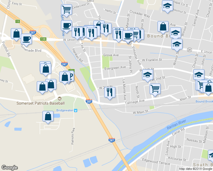 map of restaurants, bars, coffee shops, grocery stores, and more near 504 West 2nd Street in Bound Brook